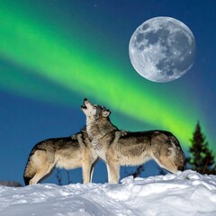 Naklejka premium Two Wolves howling at the moon beneath the aurora borealis