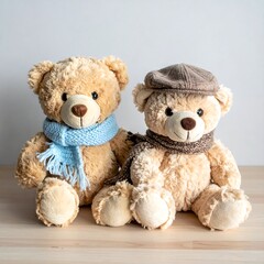 Two plush teddy bears in scarves and a hat