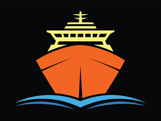 Cruise Ship Vessel on Waves - Vector Logo on Black Background


