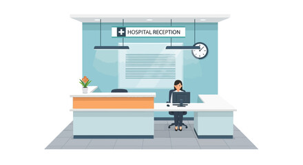 Vector illustration of a modern hospital reception area with a female receptionist sitting at the front desk