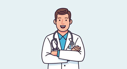 Smiling male doctor with arms crossed wearing a white lab coat and stethoscope, medical professional illustration