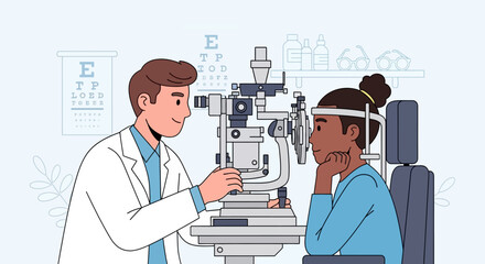Professional ophthalmologist conducting a thorough eye examination on a young girl using a slit lamp in a modern clinic