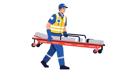 Professional male paramedic in uniform carrying an empty medical stretcher, ready for emergency patient transport and healthcare assistance in a flat vector illustration