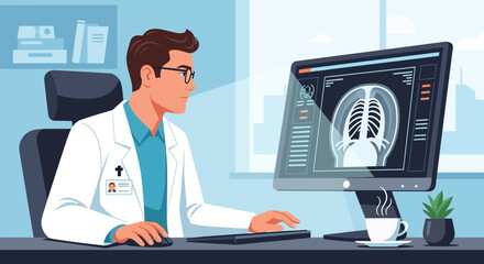 Dedicated physician analyzing digital medical imaging of lungs on a computer, utilizing advanced technology for precise diagnostic insights and healthcare assessment
