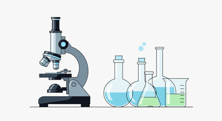 Microscope and assorted laboratory flasks filled with blue and green liquids, representing scientific research and experimentation