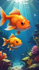 Two goldfish swimming in a colorful ocean