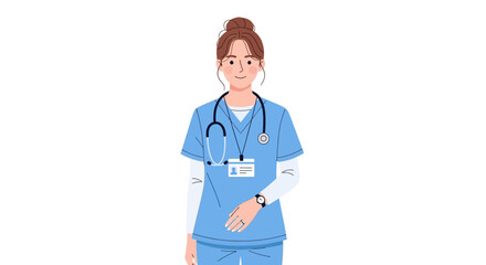 A female medical professional wearing blue scrubs and a stethoscope, standing confidently with a friendly expression