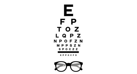 A classic black and white eye chart for vision testing with a pair of eyeglasses below, symbolizing optometry and eyesight correction