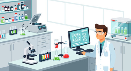 Male researcher in a modern laboratory analyzing genetic data on a computer screen surrounded by scientific equipment