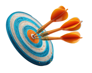 Three orange darts hit a colorful target with a bullseye in the center