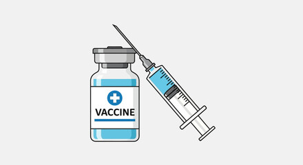 Vector illustration of a vaccine vial next to a syringe, depicting essential medical immunization, disease prevention, and global public health initiatives and healthcare