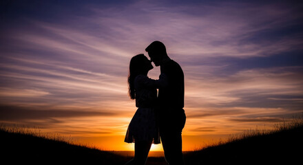 Romantic Couple Silhouetted Against Vibrant Sunset Sky