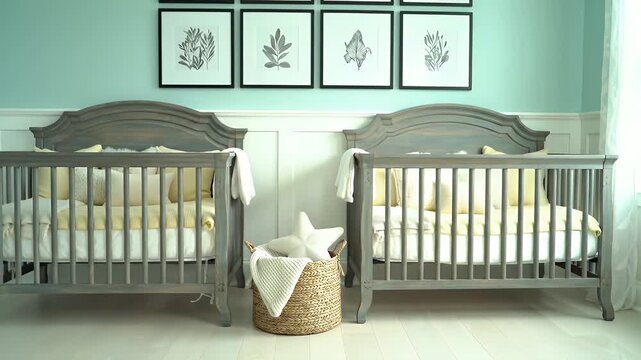 Twin Baby Cots in Nursery Room with Light Blue Walls and Natural Wood Flooring Elegant Interior Featuring Two Matching Cribs Blankets Pillows and Framed Botanical Prints Creates Warm Ambience