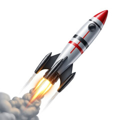A silver rocket with red and black stripes blasting off with fiery exhaust
