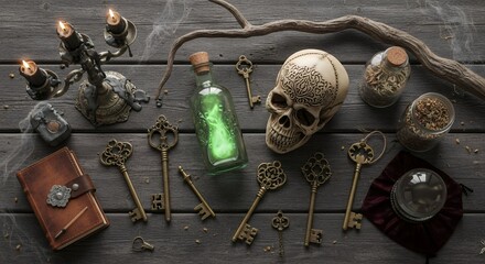 Top view of various vintage elements for Halloween, a bottle of potion, and a skull on wooden boards. Concept for magical rituals, fortune telling and gothic composition