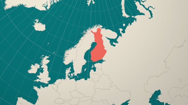 Finland map. Animated zoom into the country on the Globe in Teal Pale Mint color palette. Country logo animation. Map with meridians, parallels. Classic video.