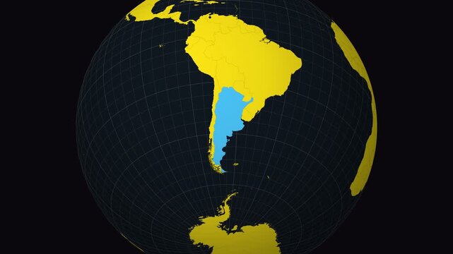Argentina map. Animated zoom into the country on the Globe in Charcoal Bright Yellow color palette. Country logo animation. Map with meridians, parallels. Captivating video.