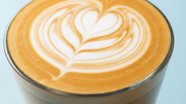 A macro shot captures the intricate latte art heart design atop a frothy, golden-brown coffee in a clear glass