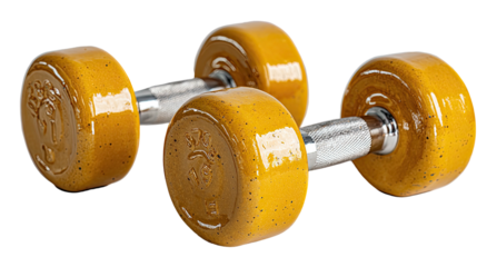 Two yellow-brown dumbbell weights with silver handles on a dark surface