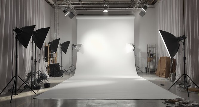 Empty photography studio with professional lighting equipment and a seamless white background