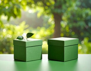 Two green gift boxes on a green surface with a natural background