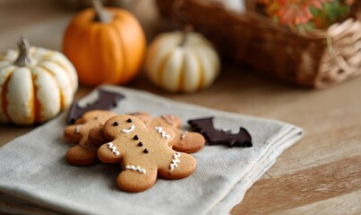 Fototapeta premium halloween themed gingerbread man cookie with subtle pumpkins and tiny bat props, warm rustic bakery style