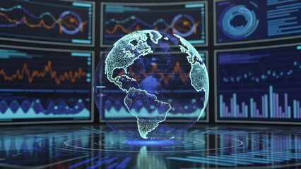 Advanced global data visualization with a stunning transparent earth and financial analysis graphs