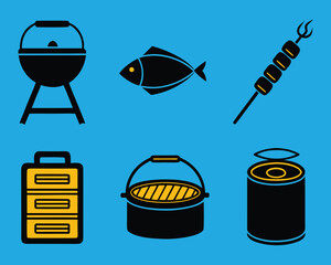 Illustrative icons of essential outdoor cooking gear: barbecue grill, fresh fish, grilled skewers, lunch box, portable campfire pot, and refreshment can.