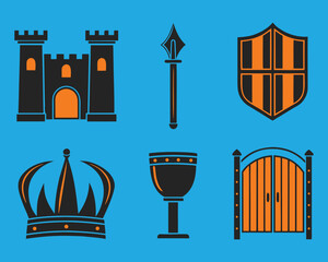 Medieval fantasy flat vector icons: castle, crown, shield, spear, chalice, gate. Ideal for historical design, gaming, and royal themed graphics.