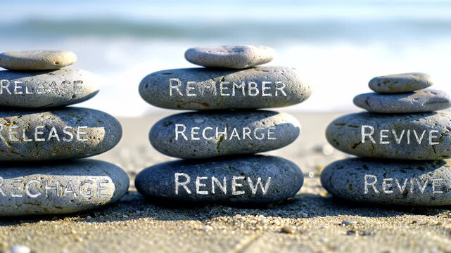 Zen Style Stacked Stones With Remember Recharge Renew Relax Release And Revive Text on the Beach Sand Near Ocean During Sunny Day in Landscape Orientation