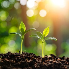 Two green seedlings emerging from the dark soil