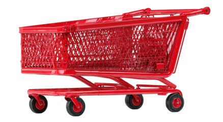 Red shopping cart with metal frame and wheels isolated on black background
