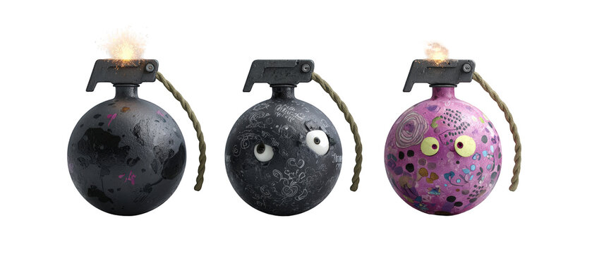 Colorful cartoon-style explosive devices with unique designs and expressions, set against a plain background