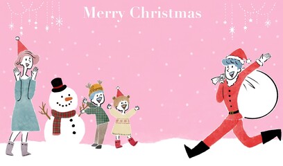クリスマスを楽しむ4人家族のかわいいクリスマスカードテンプレート