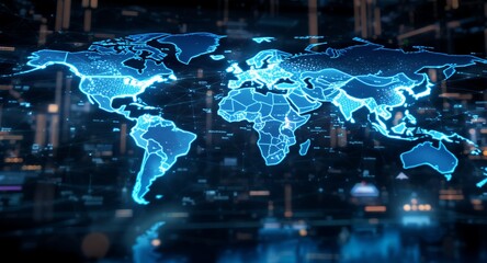 Glowing Digital World Map with Network Connections and Data Streams