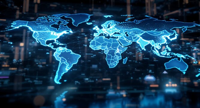 Glowing Digital World Map with Network Connections and Data Streams