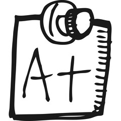 Hand drawn doodle style illustration of a paper with A+ grade symbol and a pushpin on transparent background