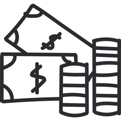 Hand Drawn Doodle Icons Representing Money With Stacked Coins and Banknotes Featuring Dollar Signs on a Transparent Background