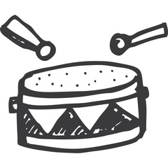 Hand Drawn Drum with Drumsticks Doodle Style Outline Illustration Isolated on Transparent Background