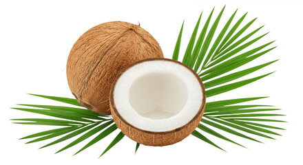 coconut with green palm leaves, realistic tropical artistic illustration showing natural texture and freshness, isolated on white background