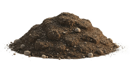 pile of dirt or soil isolated on white background, realistic artistic illustration showing earthy brown texture symbolizing nature, ground, and agriculture