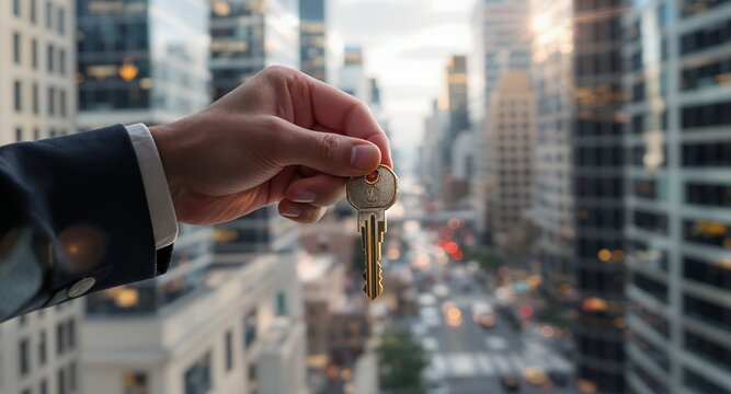 Hand Holding a Key with Blurred Cityscape Background