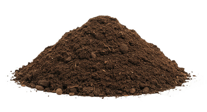 pile of dirt or soil isolated on white background, realistic artistic illustration showing earthy brown texture symbolizing nature, ground, and agriculture