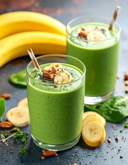 Two Green Smoothies in Glasses with Banana and Nut Garnish