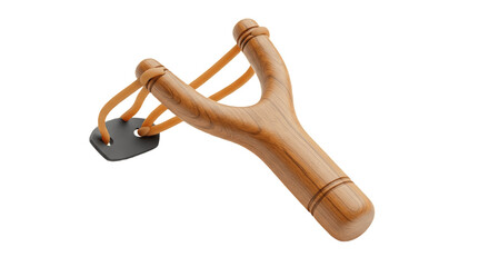 slingshot isolated on white background, detailed realistic artistic illustration of classic wooden toy weapon with rubber band and natural texture