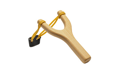 slingshot isolated on white background, detailed realistic artistic illustration of classic wooden toy weapon with rubber band and natural texture