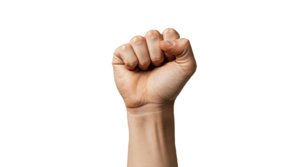 raised fist isolated on white background, powerful artistic symbol of strength, unity, and resistance, revolution, detailed realistic human hand illustration