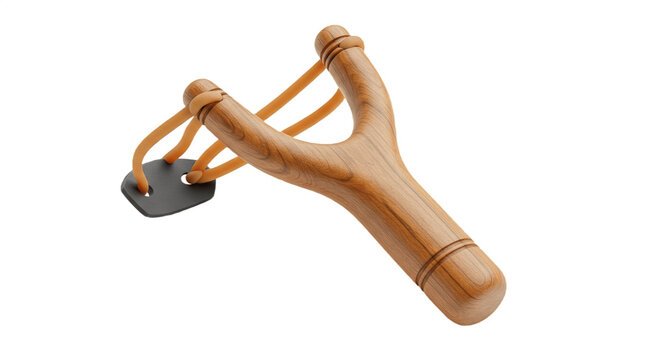 slingshot isolated on white background, detailed realistic artistic illustration of classic wooden toy weapon with rubber band and natural texture