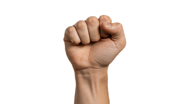 raised fist isolated on white background, powerful artistic symbol of strength, unity, and resistance, detailed realistic human hand illustration