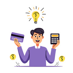 Financial Idea Character with Credit Card and Calculator for Planning Savings, Investment
